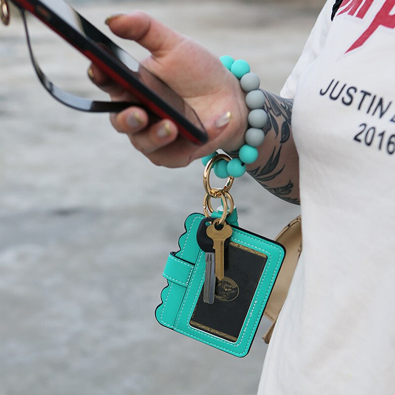 Wood Silicone Beaded Bangle Bracelets Key Rings Card Holder Wallets Leather Tassel Keychains For Women Fashion Accessories - Charlie Dolly