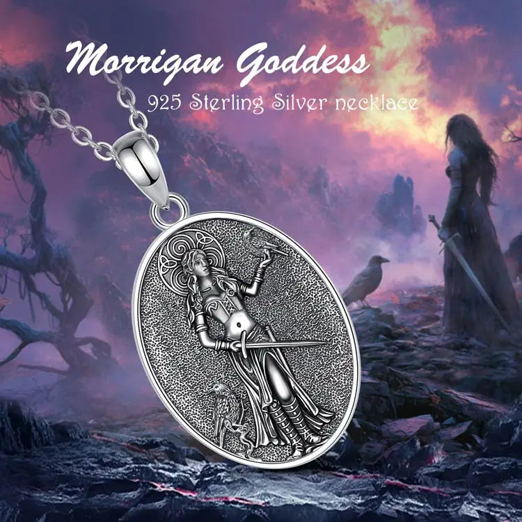 AEONSLOVE 925 Sterling Silver Morrigan Goddess Necklace Viking Raven Triple Spiral Pendant Pagan Wicca Jewelry for Women Men