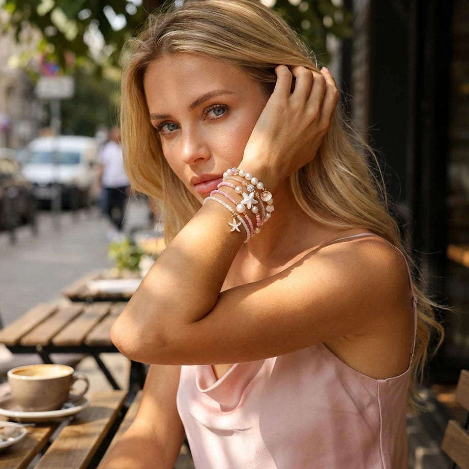 Pink Pearl and Shell Stackable Bracelet Set (5 Pieces)
