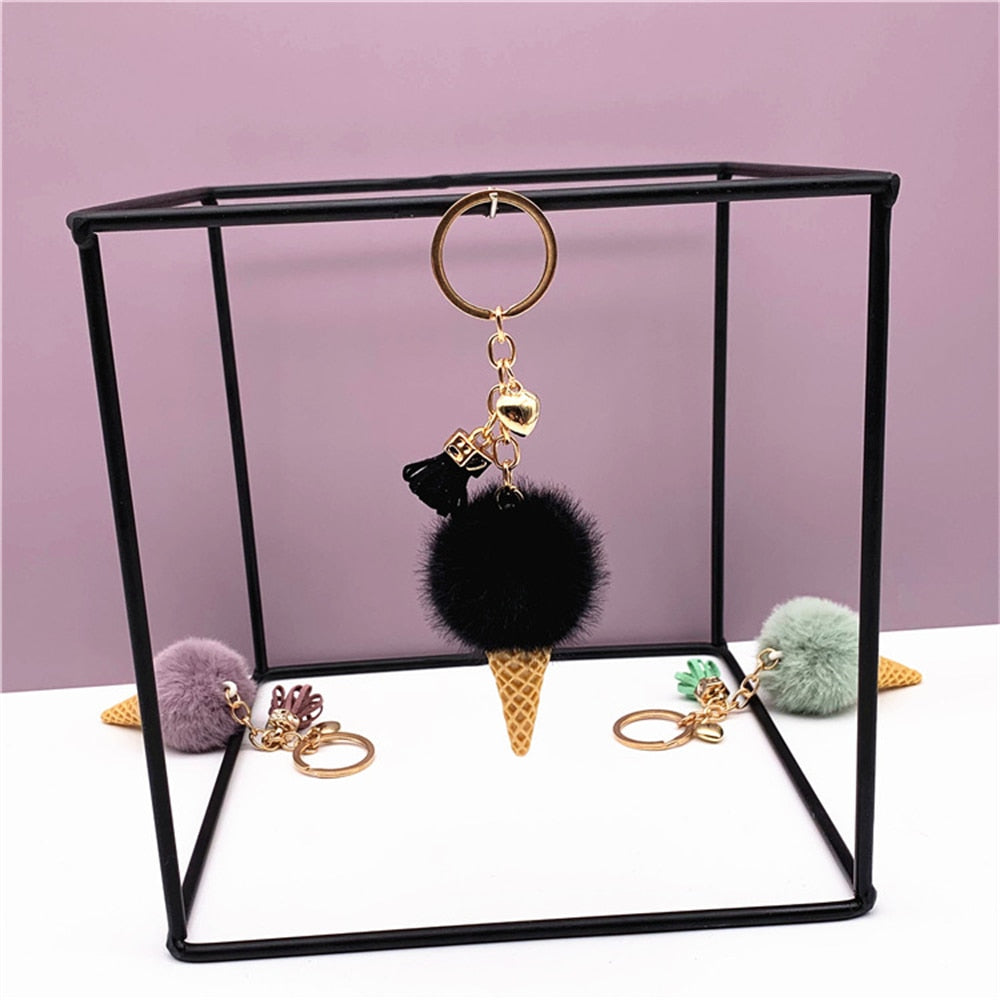 1pc Fashion Cute Mini Ice Cream Key Ring With Tassel Student Fluffy Pom Pom Velvet Plush Keychain For Girls Bag Decoration Gift - Charlie Dolly