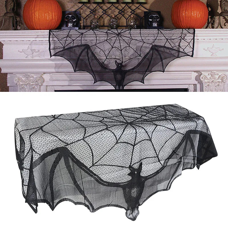 Halloween Bat Table Runner Black Spider Web Lace Tablecloth Fireplace Curtain for Halloween Party Home Decoration Horror Props - Charlie Dolly