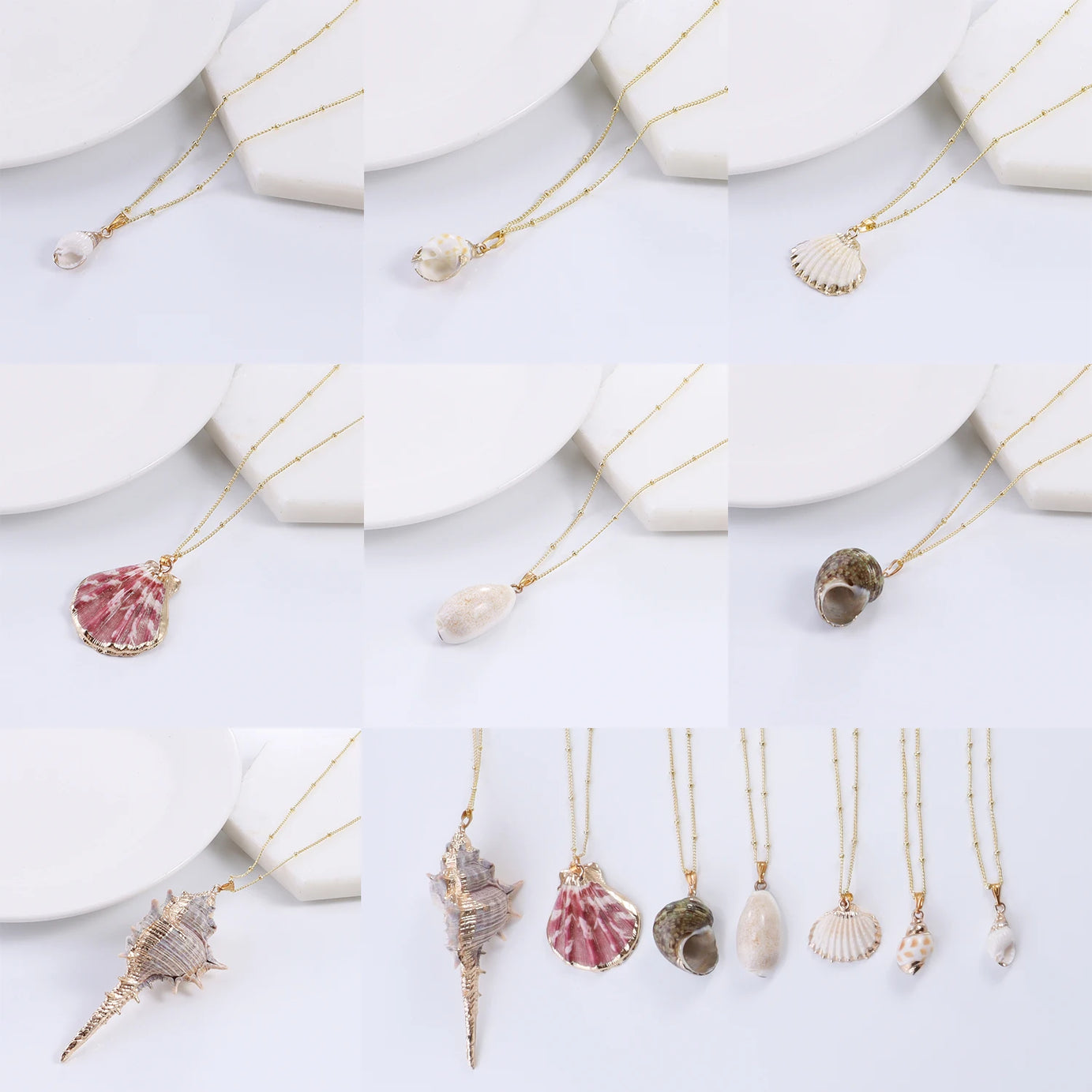 Natural Conch Shell and Gold Rim Boho Pendant Necklace