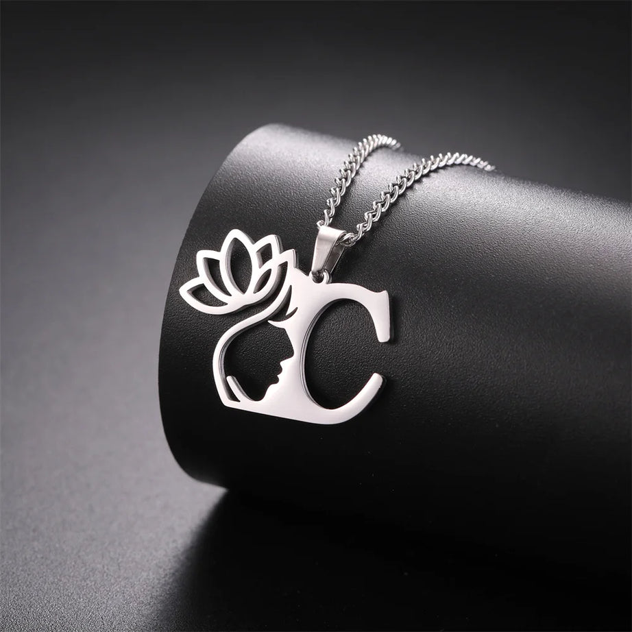 Lotus Flower Initial Letter Pendant, Personalized Stainless Steel Necklace