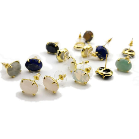 Oval Shape Stud Earrings golden Color Natural Stone Faceted Pink Quartz Crystal Agate lapis lazuli Healing Jewelry Female - Charlie Dolly