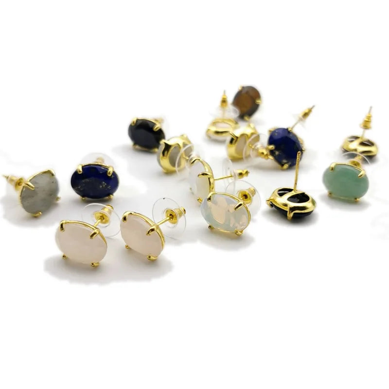Oval Shape Stud Earrings golden Color Natural Stone Faceted Pink Quartz Crystal Agate lapis lazuli Healing Jewelry Female
