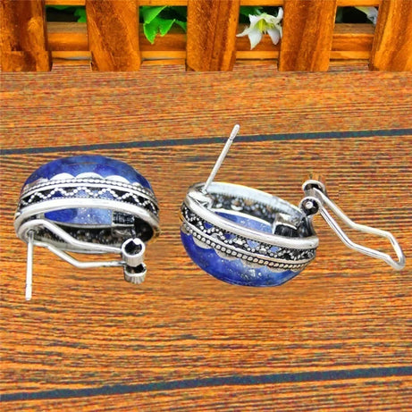 Oval Natural Lapis Lazuli Tiger Eye Pink Quartz Jades Blue Sequins Earrings Antique Sliver Plated  Fashion Jewelry For Women - Charlie Dolly