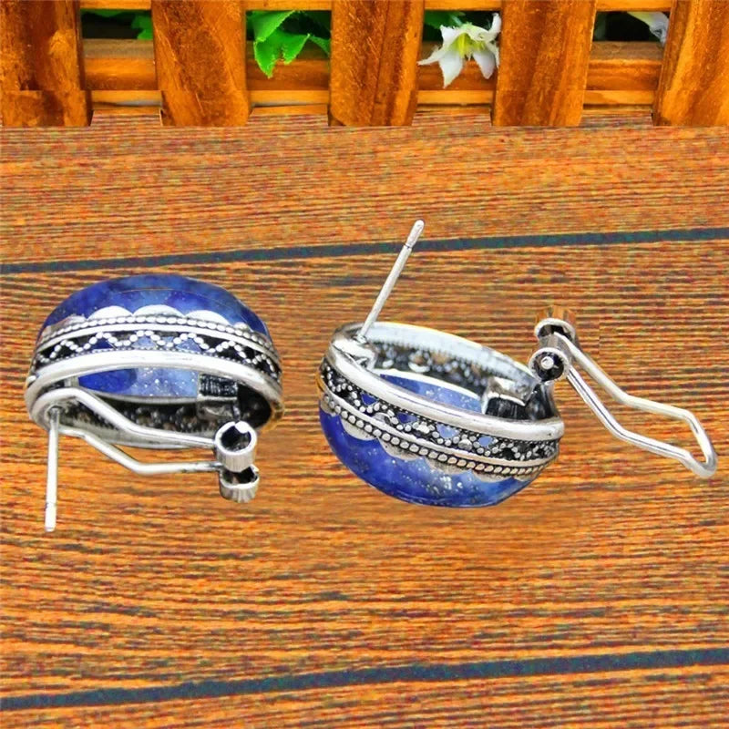 Oval Natural Lapis Lazuli Tiger Eye Pink Quartz Jades Blue Sequins Earrings Antique Sliver Plated  Fashion Jewelry For Women