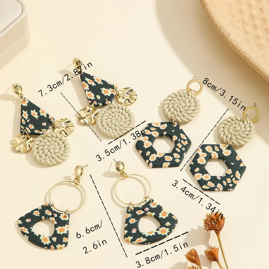 Floral Geometric Polymer Clay Statement Earrings Jewelry