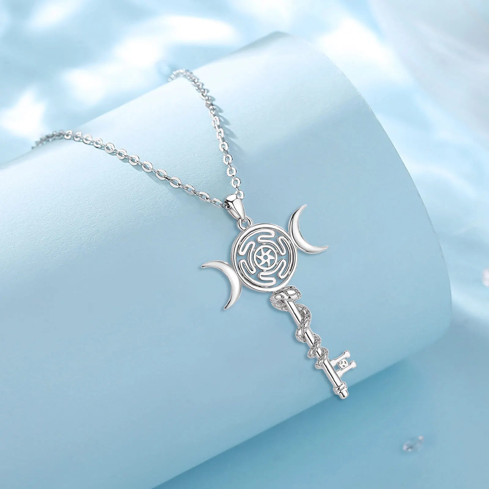 Eudora 925 Sterling Silver Hekate Wheel Necklace for Women Snake Key Triple Moon Goddess Pendant Witch Jewelry Personality Gift