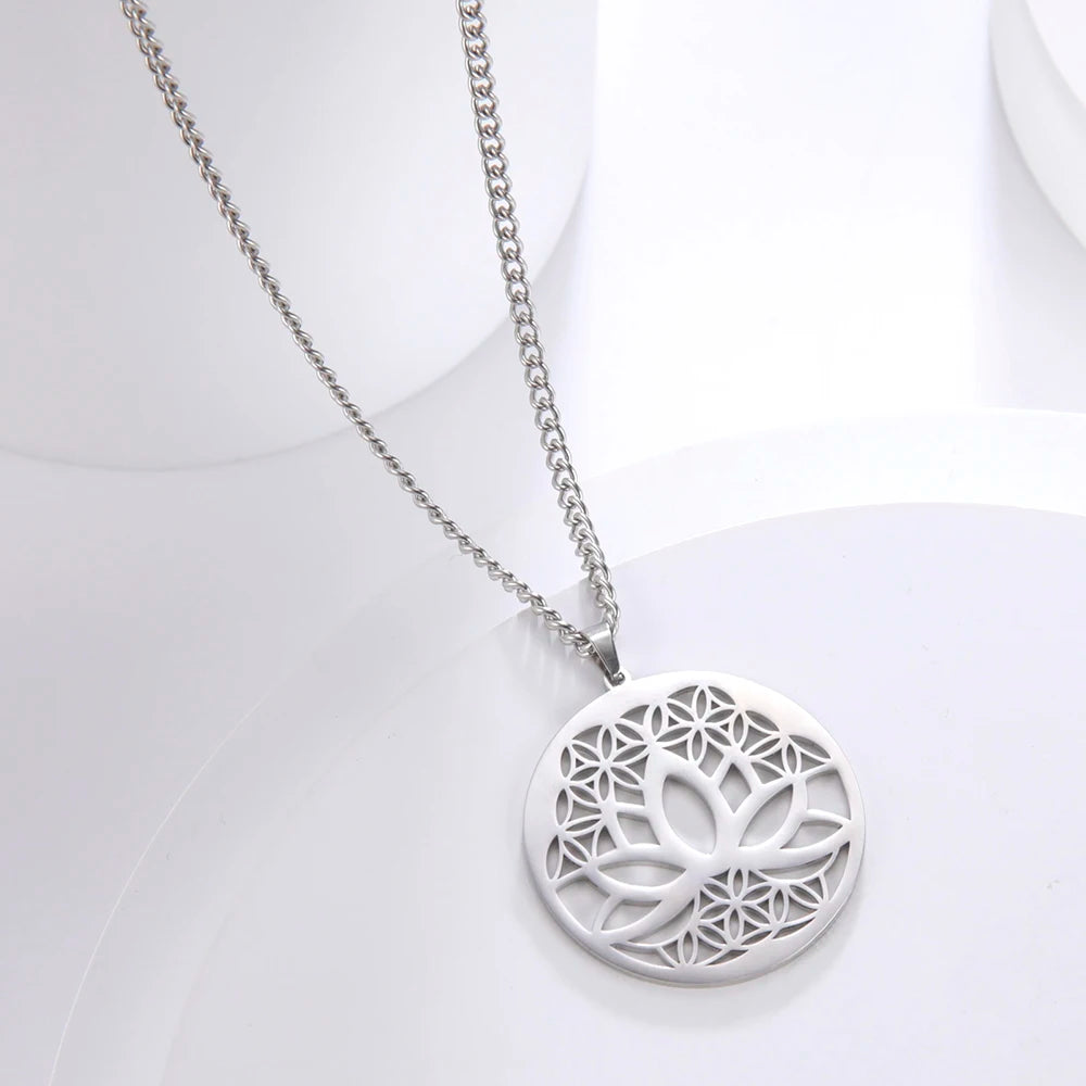 Dawapara Lotus Flower of Life Necklace Stainless Steel Women Jewelry Buddhism Peace Symbol Yoga Meditation Amulet Pendant
