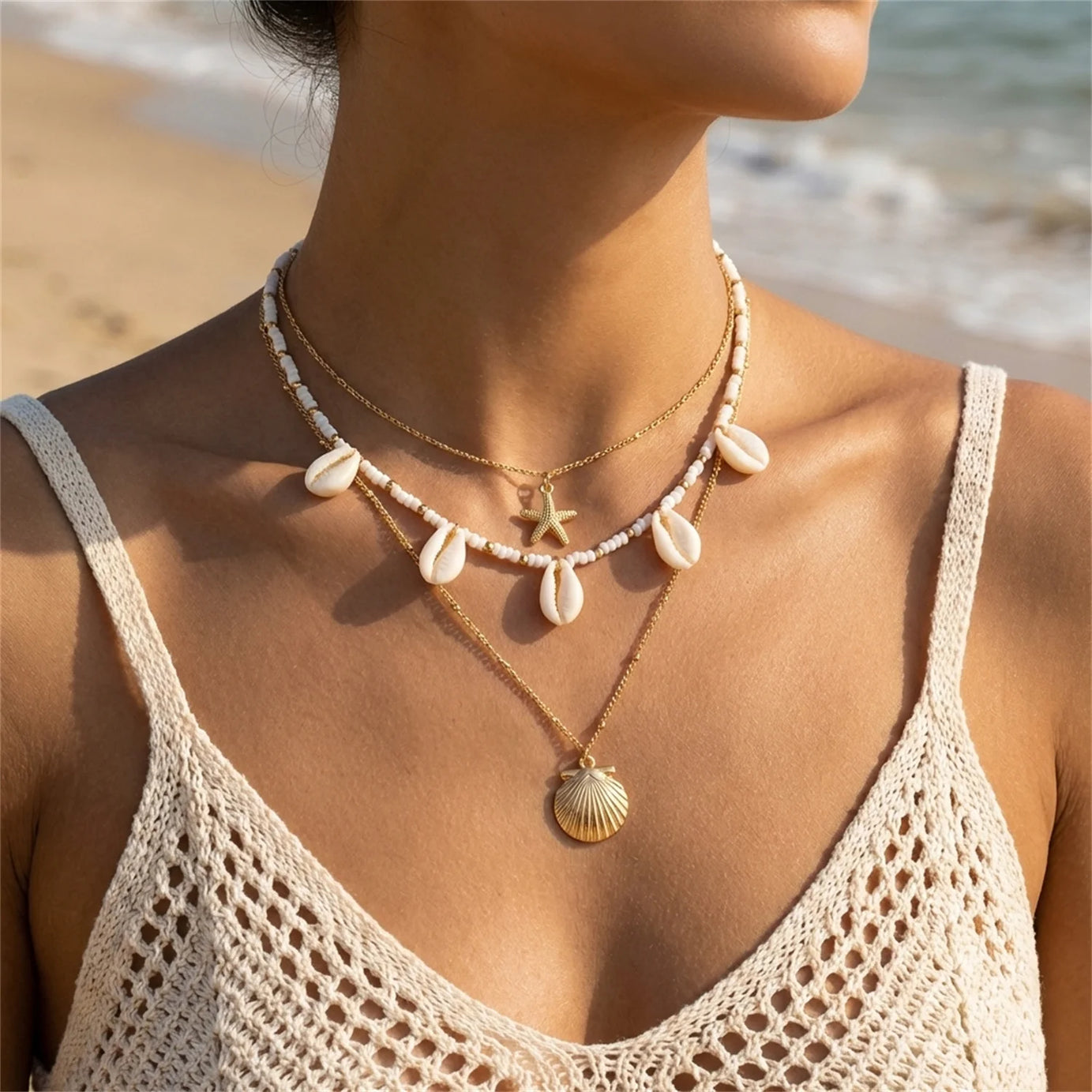 Dainty Shell, Starfish and Rice Bead Layered Clavicle Necklace