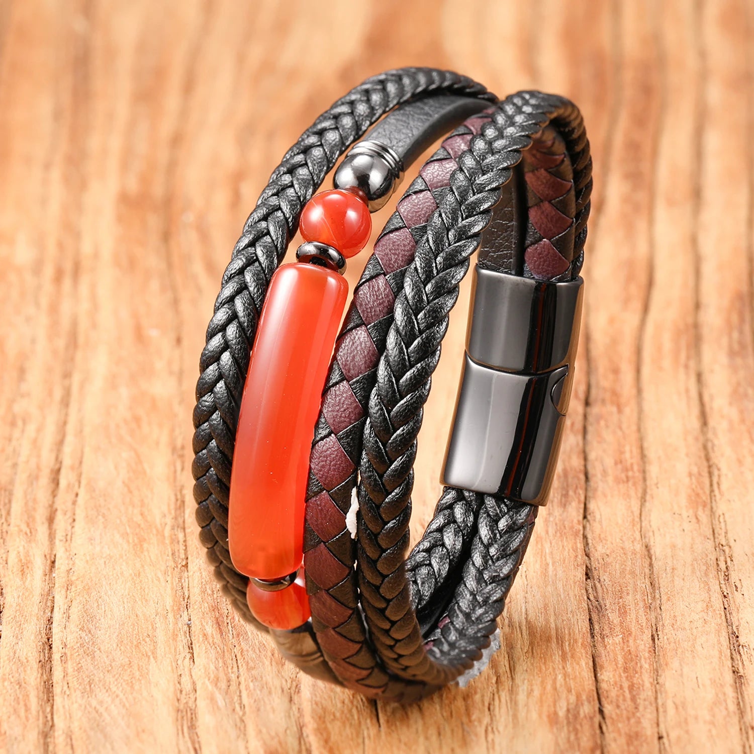 Natural Stone Beads Multi-Layer Braided Leather Bracelet Wrap Boho Hippie Handmade Gift for Man Women Jewelry Accessory