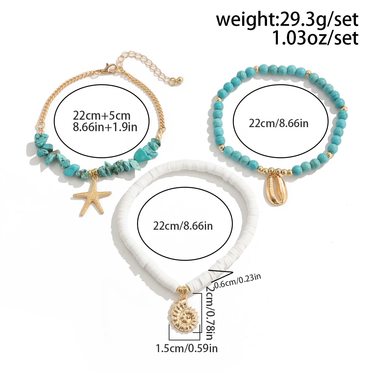 SHIXIN 3Pcs Irregular Green Natural Stone Bead Anklet Set for Women Boho Conch Starfish Feet Chain Bracelet Summer Beach Jewelry