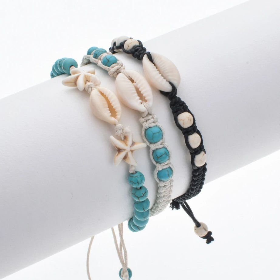 Starfish Shell and Turquoise Woven Wax Rope Bracelet