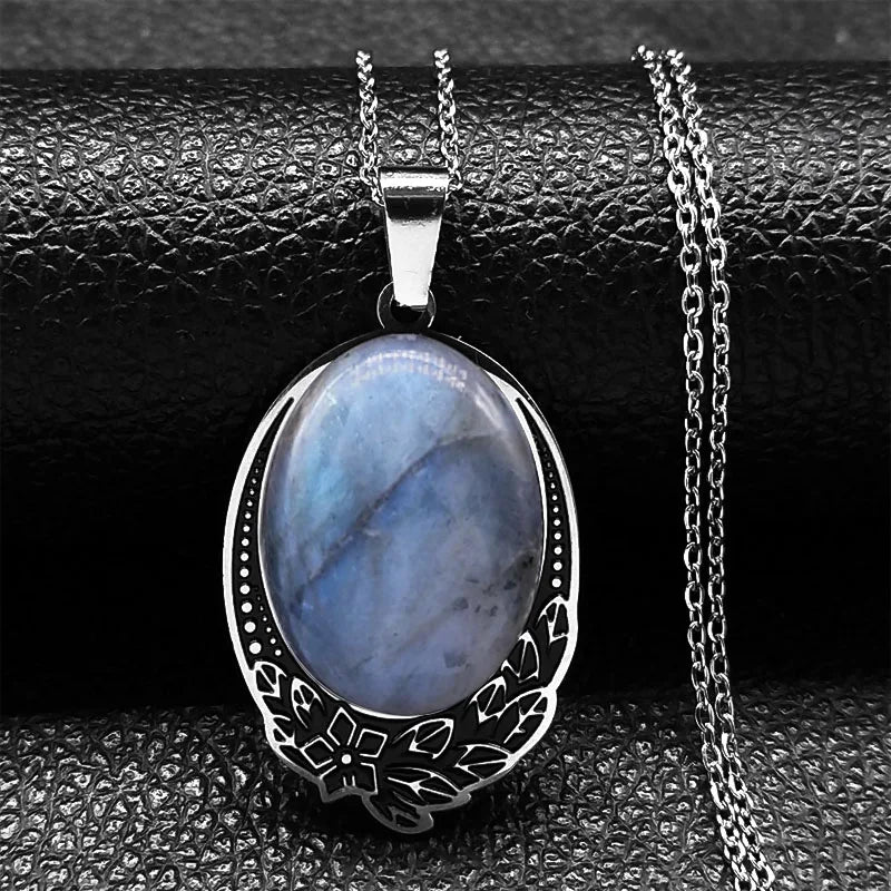 Boho Vintage Natural Labradorite Stone Necklace Women Stainless Steel Bohemia Necklaces Divination Spiritual Meditation Jewelry