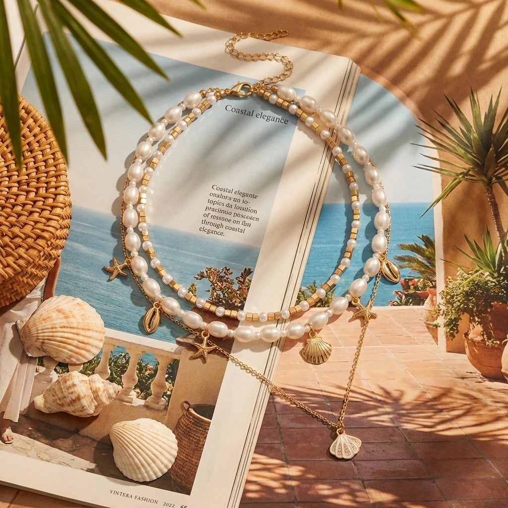 Layered Simulated Pearl Starfish Shell Necklace Summer Beach Boho Choker Jewelry For Women