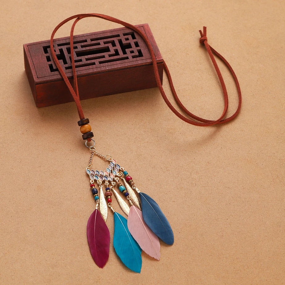 Rope Bead Feather Pendant Long Necklace Jewelry