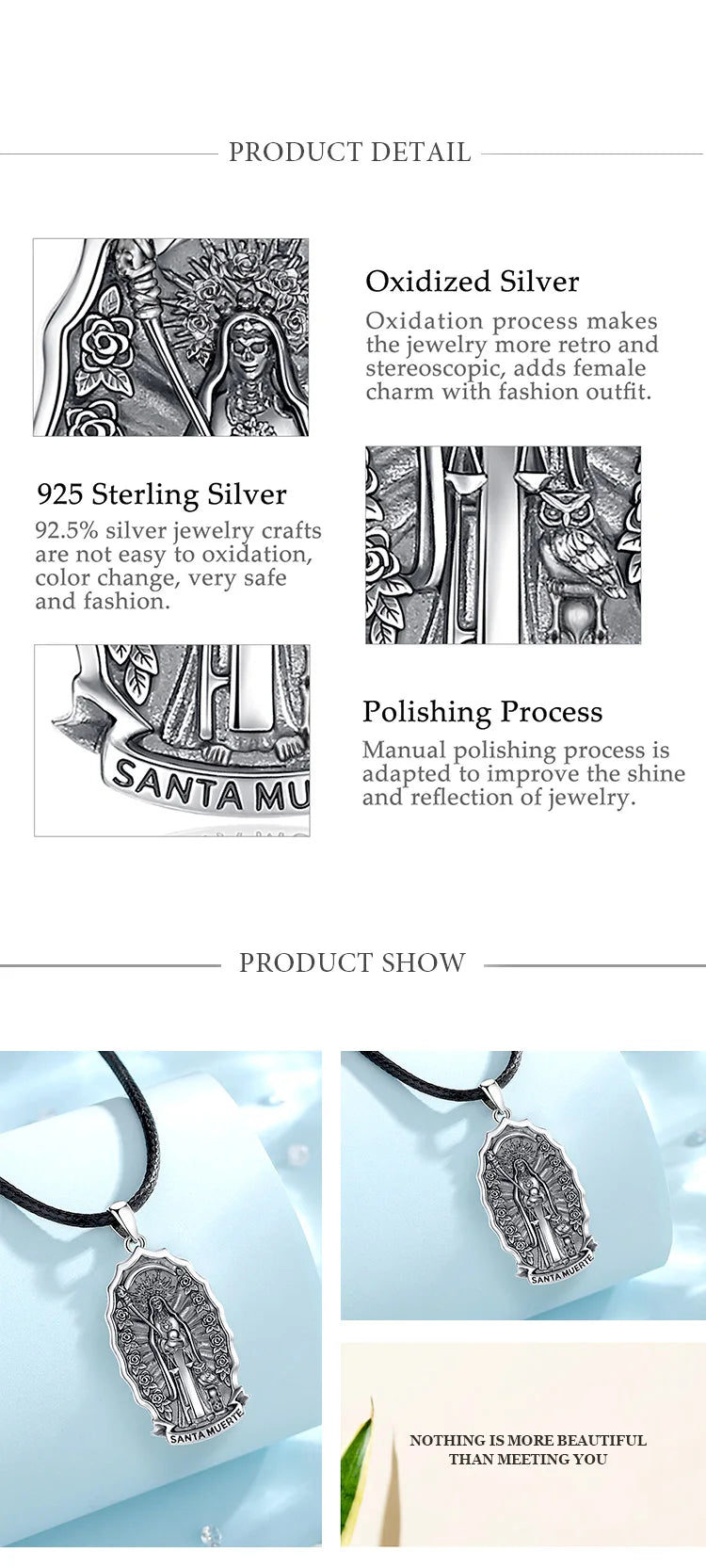 Eudora 925 Sterling Silver Santa Muerte Necklace for Women Man Holy Death Scythe Mexican Pendant Personality Jewelry Fine Gift