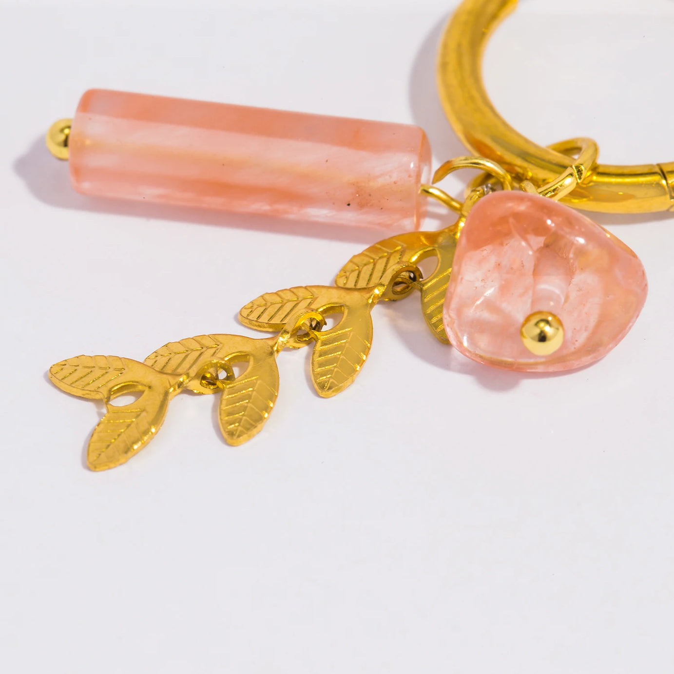 Pink Natural Stone Hoop Drop Earrings, 18K Gold Stainless Steel Boho Jewelry