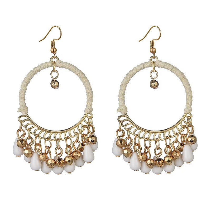 Boho Vintage Beads Tassel Wedding Earrings Indian Jhumka Ethnic Gold Color Round Drop Earrings Brincos Jewelry