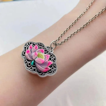 Vintage Enamel Pink Lotus Flower Heart Sutra Necklace for Women Hollow Out Ruyi Pendant Clavicle Chain 925 Silver Jewelry