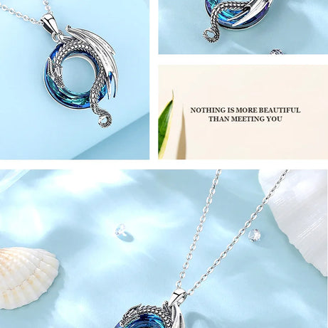 Dragon Amulet Necklace with Austrian Crystal, S925 Sterling Silver