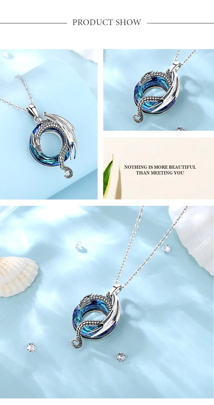 Eudora Real 925 Sterling Silver Dragon Neckalce for Women Luxury Austrian Crystal Cool Dragon Pendants Necklaces Trendy Jewelry