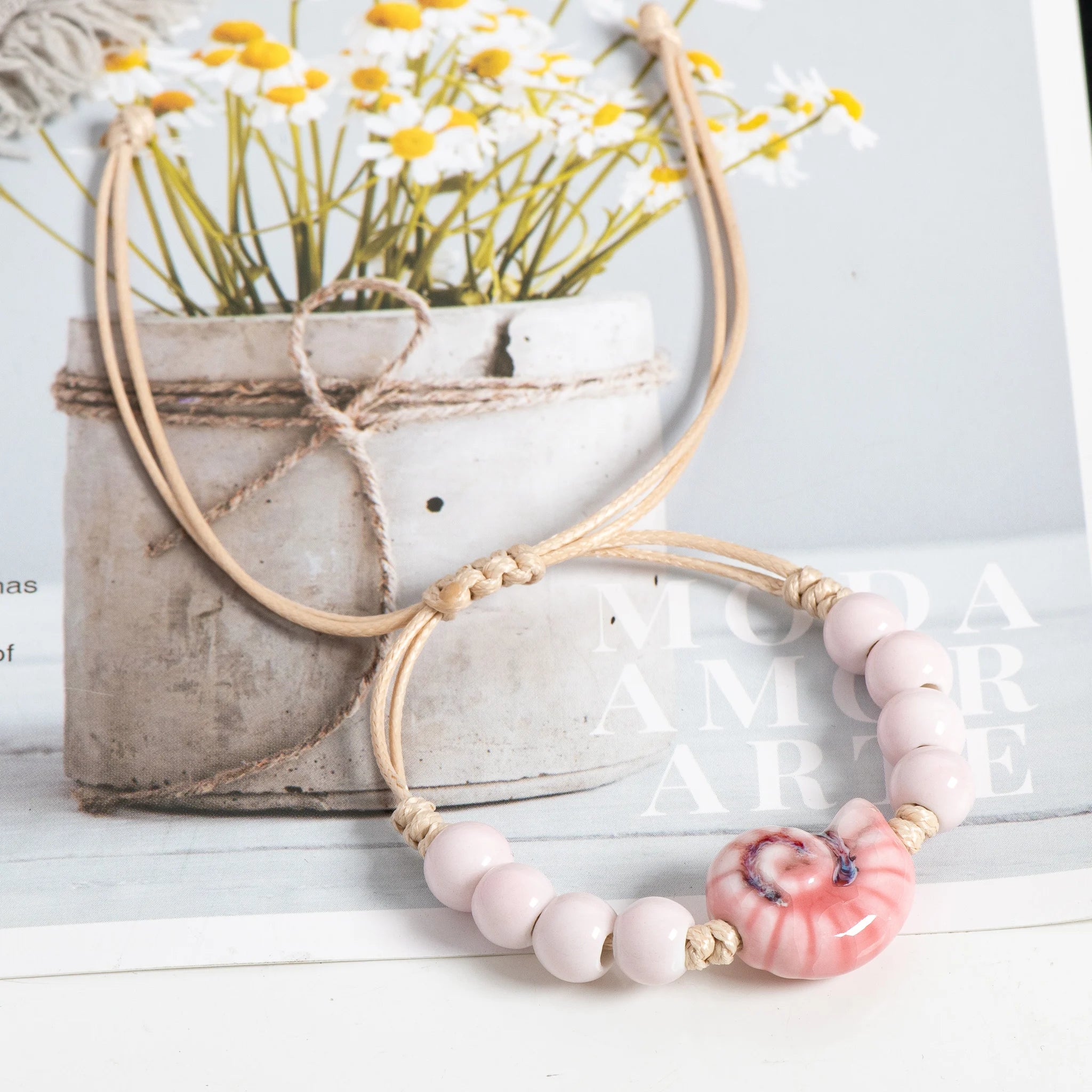 Handmade Pink Snail Shell Ceramic Bracelet Adjustable Boho Jewelry for Women & Men partner geschenke – S02-006