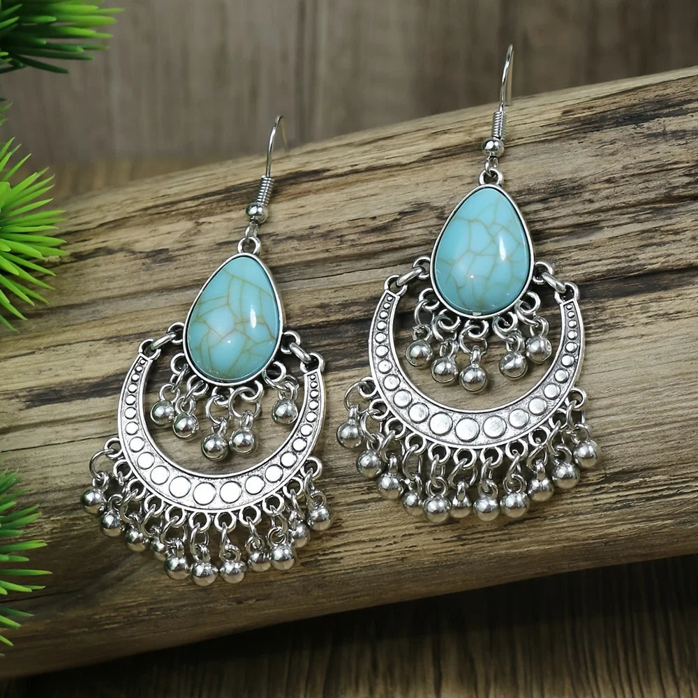 14 Pairs Boho Earrings with Turquoise Antique Silver Tassel/Bird/Rhinestone/Tree of Life Designs Trendy Ornaments Easy to Wear
