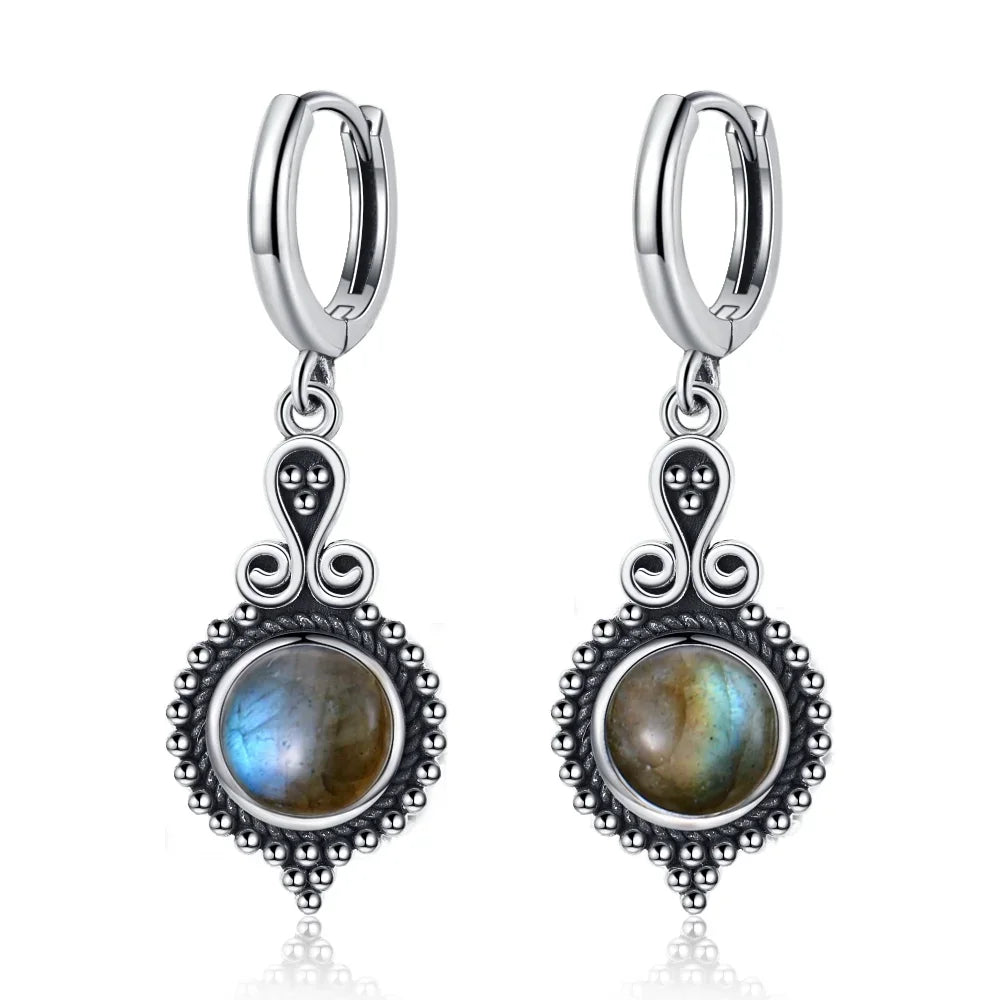 Natural Stone Sun Flower Hoop Earrings for Women, Vintage Antique Silver Turquoise Amethyst Labradorite Dangle Earring Wholesale
