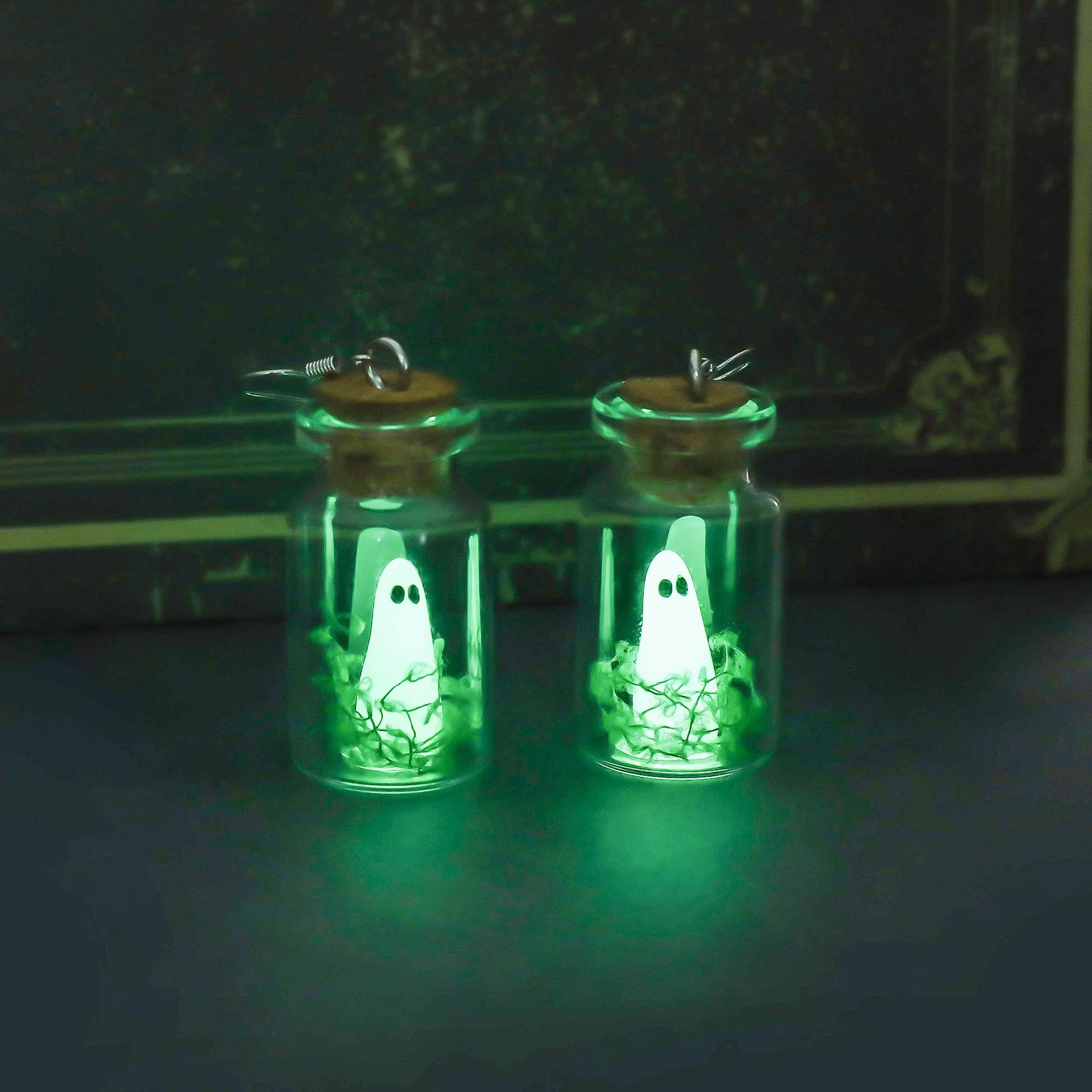 Halloween Tiny Glow Drifting Bottle Ghost Earrings Creative Design Blue Green Luminous Adopt A Ghost Drop Earrings Jewelry Gift