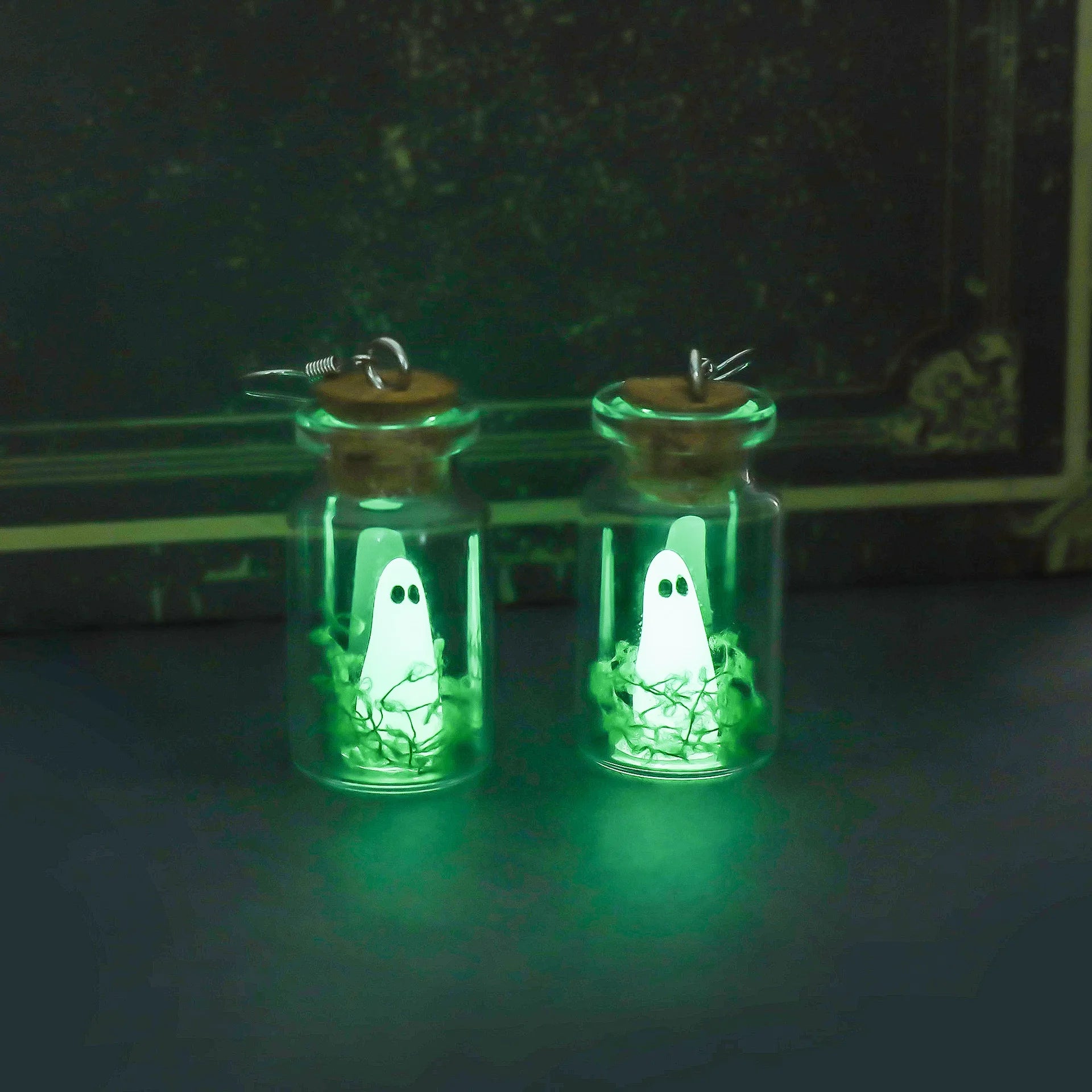 Halloween Tiny Glow Drifting Bottle Ghost Earrings Creative Design Blue Green Luminous Adopt A Ghost Drop Earrings Jewelry Gift - Charlie Dolly