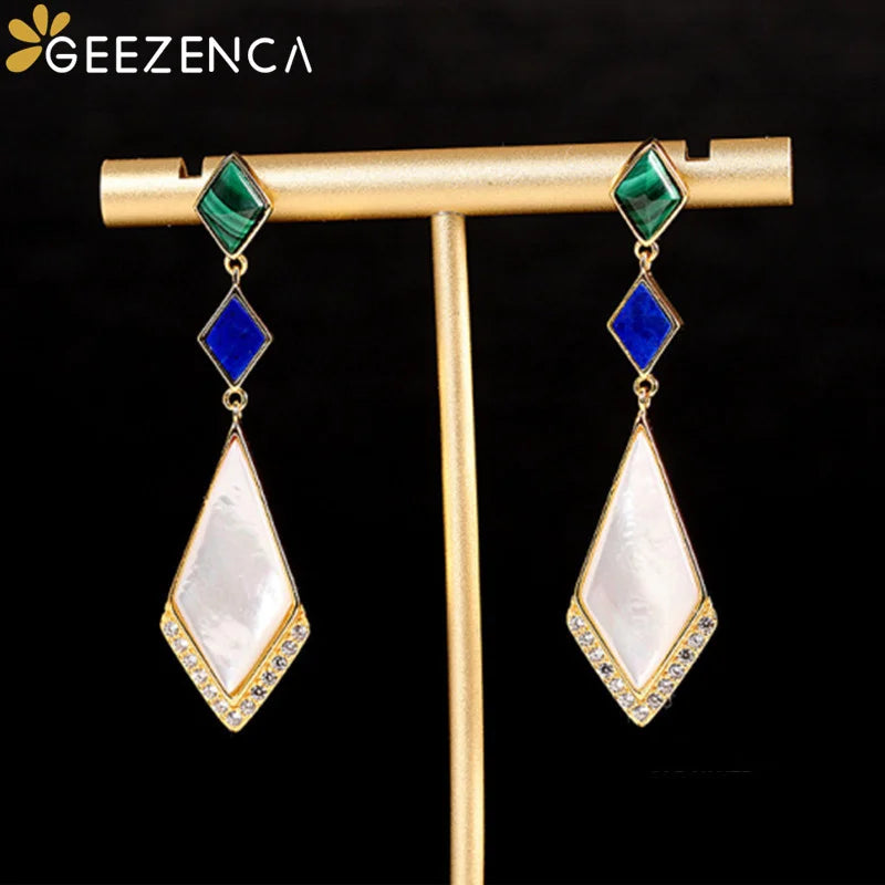 GEEZENCA Malachite Lapis Lazuli Shell 925 Silver Dangle Earrings For Women Unusual Geometric Natural Stone Drop Earring Gift