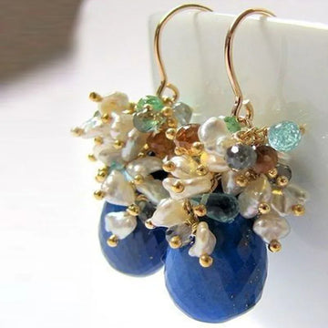 Handmade Drop Earrings with Freshwater Pearl and Lapis Lazuli Stone Women Jewelry