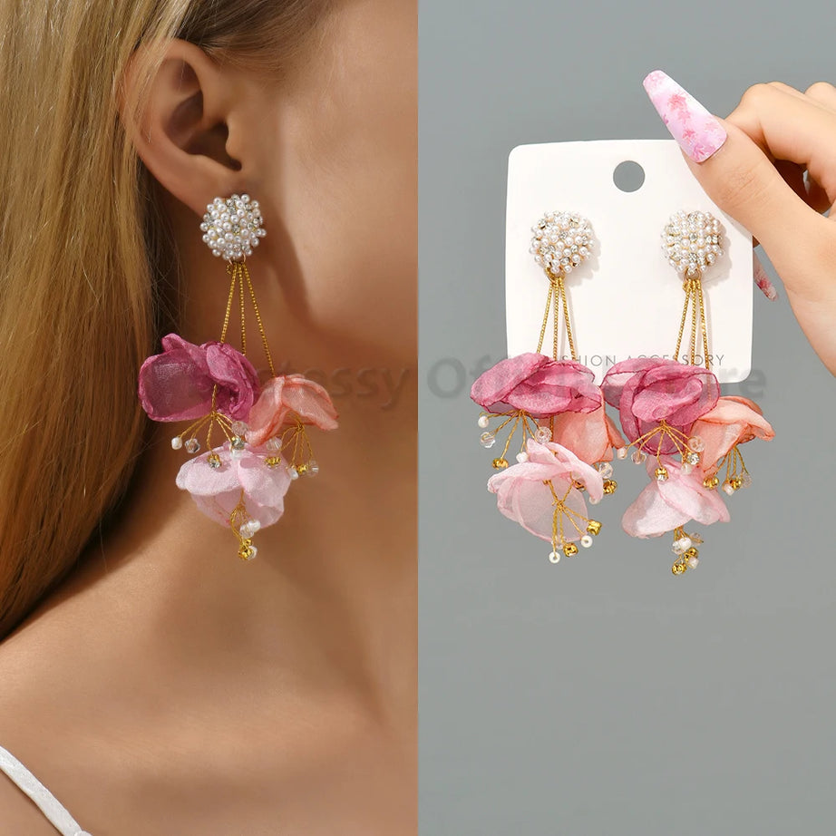 Cotton Flower Petal Beaded Tassel Earrings Jewelry