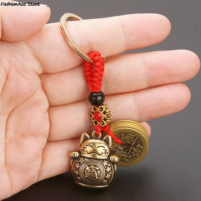 Pure Handmade Brass Lucky Cat Car Keychain Lucky Cat Five Emperors Money Keychain Feng Shui Coins Solid Lucky Key Rings