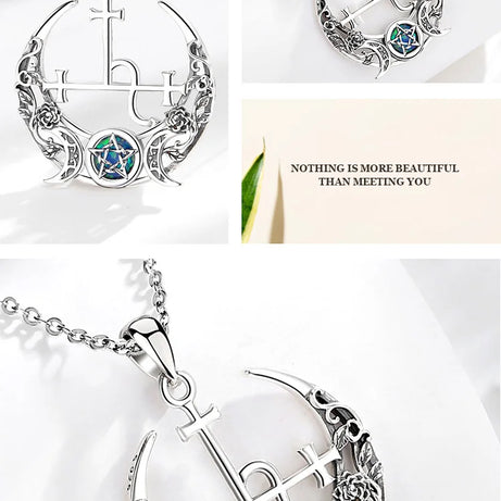 S925 Sterling Silver Lilith Moon & Opal Pendant Necklace, Triple Moon Goddess Amulet