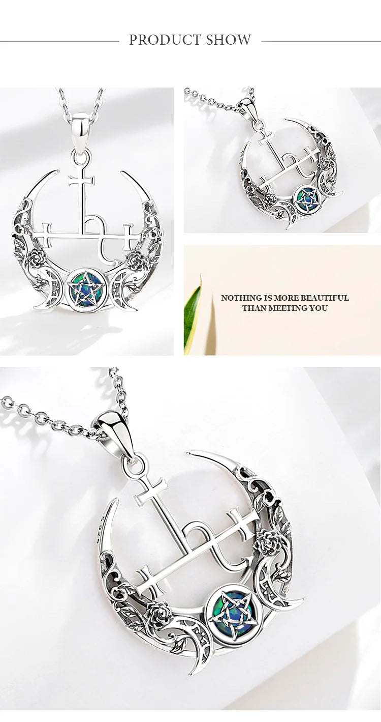 Eudora 925 Sterling Silver Lilith Moon Necklace for Women Man Opal Triple Moon Goddess Amulet Pendant Personality Jewelry Gift