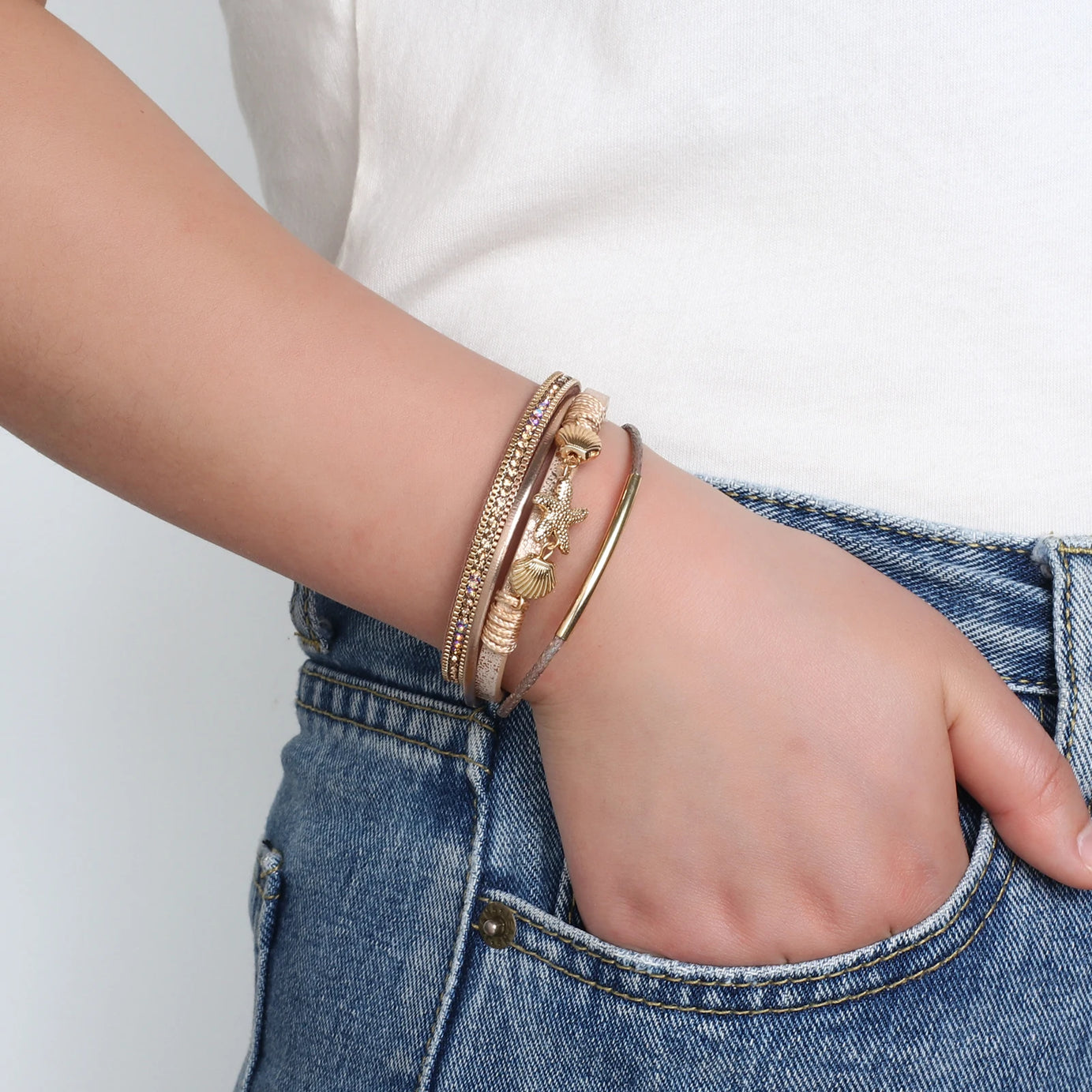 Starfish Shell and Crystal Bead Leather Boho Bracelet