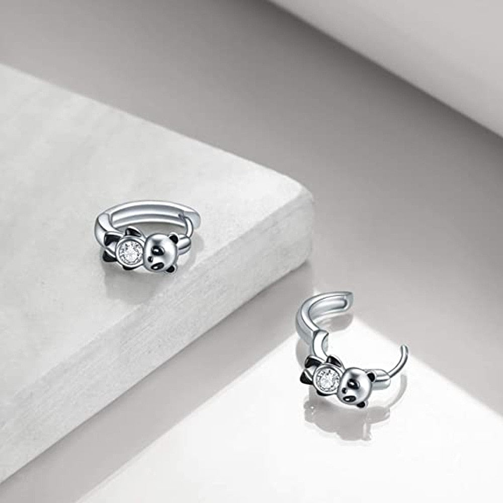 Black Panda Hoop Earrings for Women Cute Girls Circle Earrings Silver Color Fashion Versatile Ear Jewelry Gifts