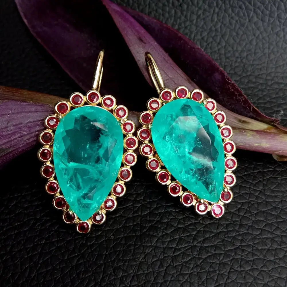 YYGEM 21x31mm Boho Drop Earrings Blue Quartz Fuchsia Cz Teardrop Hook Dangle Earring Jewelry