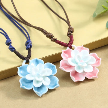 3D Lotus Flowers Pendant Ceramic Necklace Chinese Traditional Style Buddhism Yoga Meditation Jewelry Decor Hanging Hand Craft