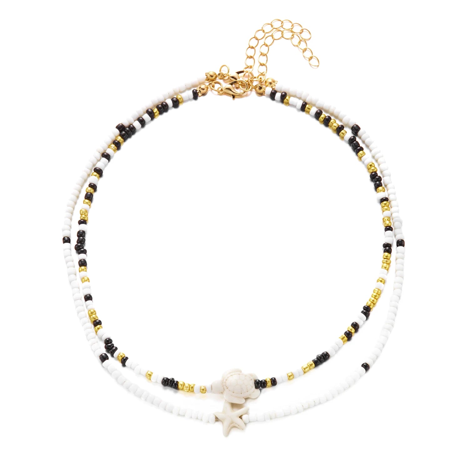 Boho Double Layer Beaded Starfish Shell Turtle Pendant Necklace Women Colorful Beads Clavicle Chain Choker Beach Party Jewelry