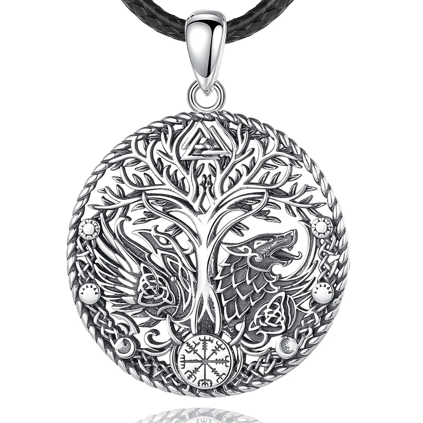 S925 Sterling Silver Viking Raven Wolf Pendant Necklace, Celtic Knot Tree of Life Compass Amulet