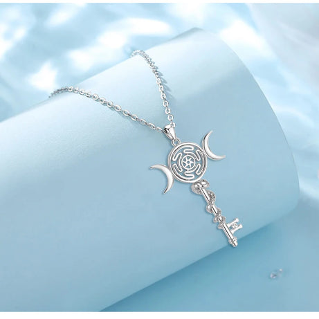 Sterling Silver 925 Hekate Wheel Triple Moon Goddess Necklace, Snake Key Witch Amulet