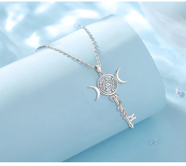 Eudora 925 Sterling Silver Hekate Wheel Necklace for Women Snake Key Triple Moon Goddess Pendant Witch Jewelry Personality Gift