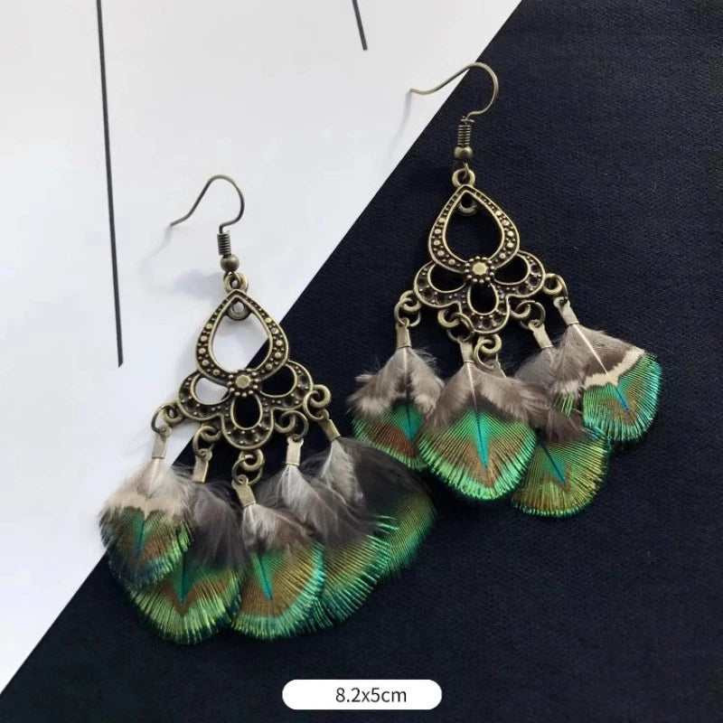 Unique Feather Earrings Imitation Peacock Feathers Vintage Earrings Exaggerate Boho Earrings Statement Jewelry Custom Packaging