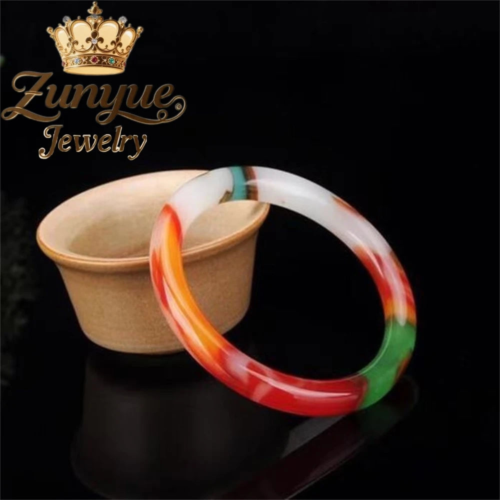 Hot Sale Natural Hetian Multi-Colored Jade Grade Colorful Stone Round Bangle Boho Style Fashion Jewelry Exquisite Holiday Gifts