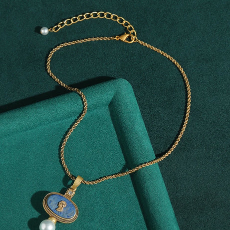 Vintage Cameo Jewelry Set Woman Avatar Pendent Pearl Necklace Lapis Lazuli Stud Earrings Blue Natural Stone Wedding Party 2026 - Charlie Dolly