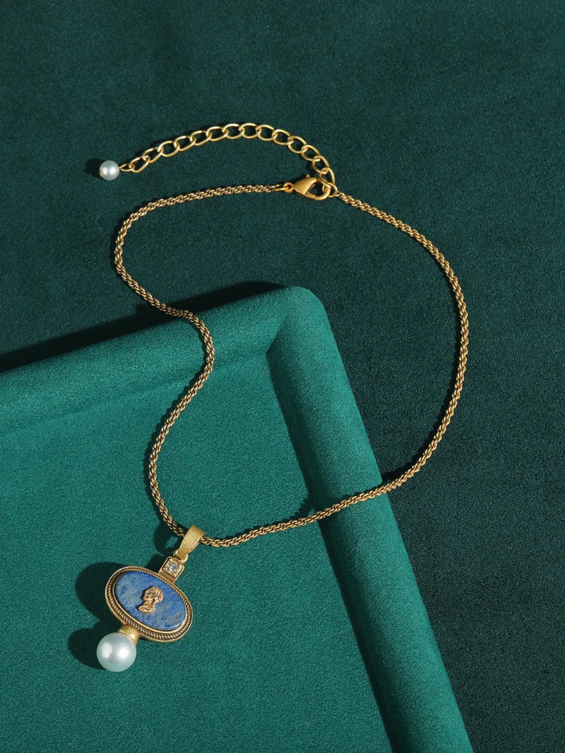 Vintage Cameo Jewelry Set Woman Avatar Pendent Pearl Necklace Lapis Lazuli Stud Earrings Blue Natural Stone Wedding Party 2026